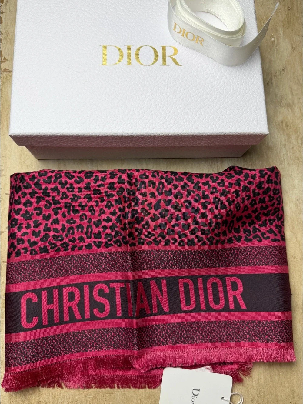 Dior Hot Pink and Black Leopard mitzah Print Silk Scarf NWT Full Set